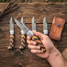 SET OF 5 PCS HANDMADE DAMASCUS STEEL FOLDING KNIVES WOOD HANDLE WITH SHEATHS picture
