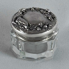 Vintage Fluted Glass vanity jar with sterling silver lid Art Nouveau design  picture