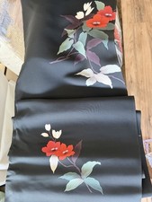 Vtg Japanese Kimono Silk Fabric Bolt Black With Floral Design picture