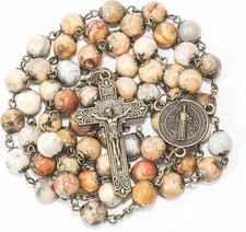 Natural African Jasper Stone Rosary Beads Necklace St. Benedict Cross and Medal picture