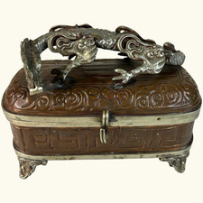 Vintage Copper Mixed Metal Chinese Asian Dragon Trinket Box 5.5” picture