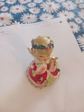 Lefton Vintage Chirstmas Bell Holiday Girl With Santa Mask & Present Sticker picture