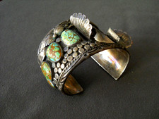 Native American Gem Turquoise Saddle Bronc/Cowboy Sterling Silver Watch Bracelet picture