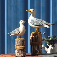 2Pcs Wooden Seagull Figurine Vintage Nautical Sea Bird on Piling with Rope Or... picture