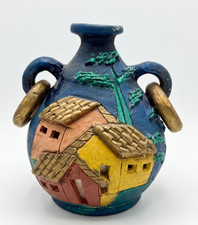 Vintage Mexican Folk Art Pottery Vase 3D Village Houses Gold Rings Blue Jug 5.5