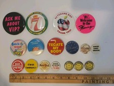 Vintage Junk Drawer Pinback Button Lot 17pc Retro Humor Travel Slogan Pins Mix picture