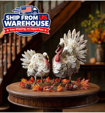 Set 2 Antique Farmhouse Painted Metal Tabletop Turkey Figurines Thanksgiving picture