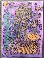 ACEO Original Art Abstract Camping Canoeing Setting by Karla Rodriguez picture