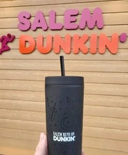 New 2025 Salem MA Runs On Dunkin' Donuts Black Tumbler Cup 18oz HTF LE RARE  picture