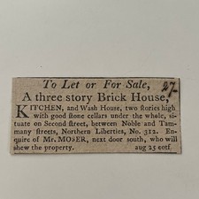 To Let Or For Sale Brick House Mr Moser 1806 Philadelphia Clipping SAJ5-S39 picture