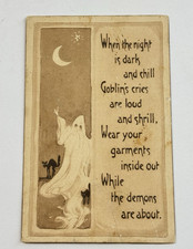 Gibson Halloween Ghost Black Cat Goblin Crescent Moon Postcard 1919 Scarce picture