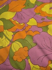 Vtg 60s 70s Cotton Barkcloth Fabric Mod floral pink orange yellow grn 45