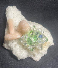 AWESOME RARE GREEN APOPHYLLITE FLOWER W/ CORAL AND STILBITE CRYSTAL IN MATRIX picture