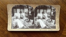 Antique Little Girl Prays in Victorian Bedroom Dressing Screen Stereoview Photo picture