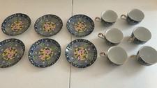 6-Vintage Gump's San Francisco Botan Imari Blue Cups & Saucers - Gold Trim picture