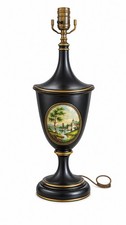 Maitland-Smith Hand-Painted Pastoral Castle Scene Black Urn Table Lamp 24” picture