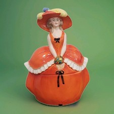Antique German Half Doll Feather Hat Porcelain Powder Trinket Jar Dresser Box picture