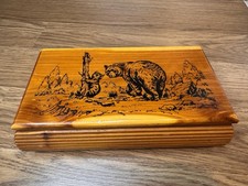 Vintage Wood Cedar Jewelry Keepsake Box Smoky Mountain Bears Cabincore Wildlife picture