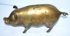 Vintage Large Solid Brass Pig Piggy Bank 9” Heavy Coin Bank Curly Tail Decor picture