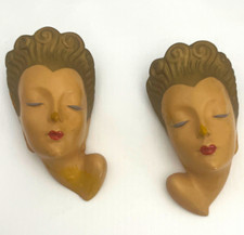Pair Vintage 1940s Painted Ceramic Woman Face Wall Plaques Wall Mounted picture