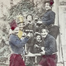 Antique Stereoview Card Group of Men Toasting Hand-Tinted Victorian Era picture