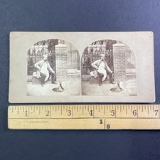 Humorous Stereoview Card Man & Woman Manhole Victorian 1870s Flat Mount picture