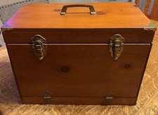 Vintage Pine Travel writing Desk 15x8x10 Brass Closure Handle Corners Hinges picture