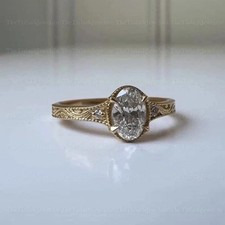 Vintage Oval-Cut Diamond Ring Engraved Filigree In 14k Yellow Gold Plated picture