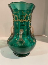 Antique Moser Emerald Hand Painted Glass Vase w 3 Applied Amber Handles picture