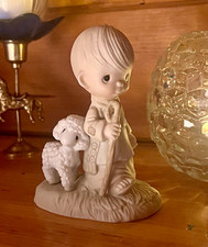 Enesco Jonathan & David “He Leadeth Me” Boy w/ Lamb White Ceramic 1977 picture