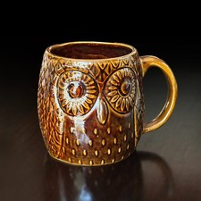 West Elm Owl Mug Brown Embossed Ceramic Coffee Cup Rustic Woodland 4