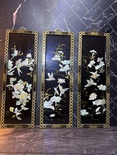 Vtg Chinese Black Lacquer Wall Panels Set 3 Mother Of Pearl Inlay 24” picture