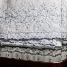 Vintage Mid-Century Full Flat Sheet Blue Floral Embroidered Scalloped 100x82 picture