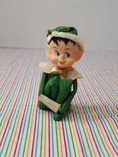 Vintage Knee Hugger Glitter Green Pixie Shelf Sitter Gold Ornament picture