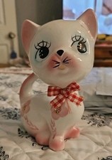 Vintage Kitchsy Big Side Eye  Cat Figurine MidCentury Tall Pink Flowers Red Bow picture