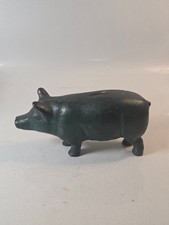 Antique Cast Iron Pig Still Coin Bank Green Paint Seam 1910s picture