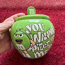 M&M’s Green Character Ceramic Candy Jar Canister w/ Lid “You Wanna Piece” 2009 picture