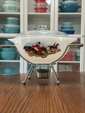 Vintage Pyrex JAJ Tally Ho Opal Serving Bowl w/lid, cradle/warmer * NEAR MINT* picture