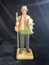 Vintage 1985 Enesco Fisherman Figurine Bass Fish Fly Rod Creel Bisque Taiwan picture