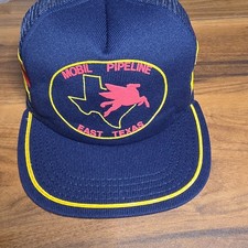Vtg Rare Mobil Pipeline East Texas 3 Stripe Mesh Snapback Trucker Hat Blue picture