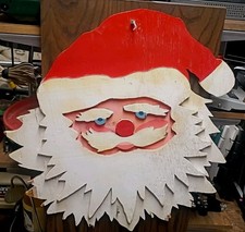 Vintage Hand Painted Santa Claus Cutout Wooden Head Folk Art Plywood Retro 60's picture