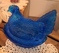 Vintage Lg Wright Capri Blue Hen on Nest Large Candy Trinket Dish *Glows* picture