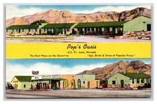 Dual View Pop's Oasis Motel Restaurant Jean Nevada NV UNP Linen Postcard V4 picture