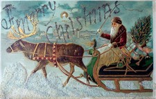 A Merry Christmas Santa Claus Brown Robe Reindeer Sleigh Glitter Postcard 1910s picture