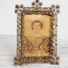 ANTIQUE JEWELED PICTURE FRAME EMPIRE SAPHIRET HAND DRAWN GIRL ART BEAUTIFUL picture