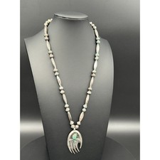Signed Navajo Old Pawn Silver Bear Paw Turquoise Pendant Necklace Melon Beads picture