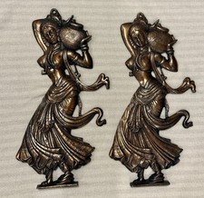 VTG 2 PC Set Indian Metal Wall Plaque Panihaari Women Water Carrier Matka Decor picture