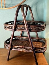 Vtg Large MidCentury 2-Tier Rattan Bamboo Stand Countertop Server Boho MCM 23