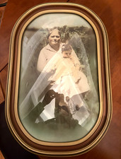 Beautiful Antique Oval Convex Glass Portrait – Hand-Tinted Mother & Baby Photo picture