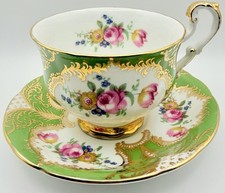 Vintage Paragon Green Pink Rose Floral Cup & Saucer; Heavy Gold Gilt Teacup picture